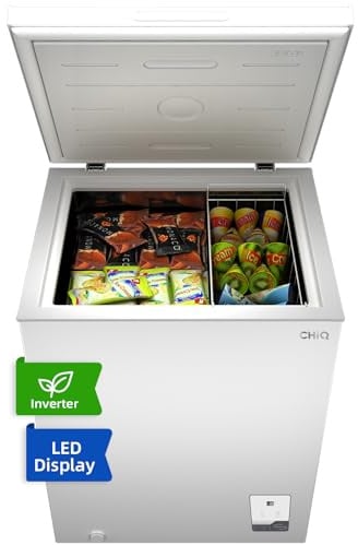 CHiQ Gefriertruhe,142 L Gefrierschrank 39 dB| mit LED, 4 Sterne Gefrierfach, -32°C bis +8°C｜83,5 cm hoch, Starke Gefrierleistung, Tischgefrierschrank für Keller, Speisekammer, Gewerbeflächen, Weiß