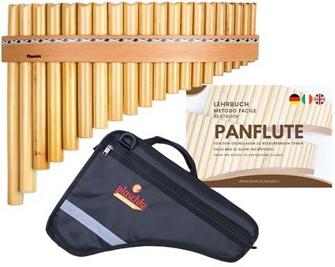Plaschke Panflöte in C-Dur – Handgefertigt in Italien aus Natur-Schilfrohr – Set inkl. Panflötenschule – Auswahl: 10, 12, 15 & 20 Rohre (SET 20 Töne C-Dur + Buch + Tasche)