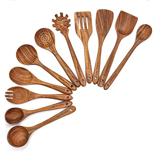 Holzlöffel zum Kochen, Holz-Kochutensilien, 11-teiliges Küchenutensilien-Set, Holzutensilien zum Kochen, 100% natürliches Teakholz, Holzspatel zum Kochen