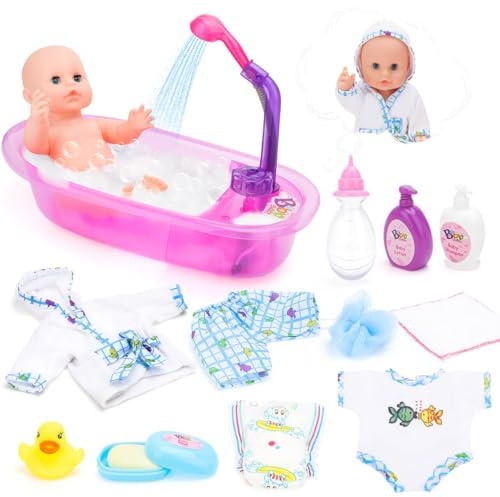 deAO Badezeit Baby Doll Spielset mit 33cm Baby Puppe, Funktionierendem Duschspray und Zubehör für Kinder, Puppen Spielzeug Set mit Badewanne, Bademantel, Badespielzeug, Spielgeschenke für Mädchen