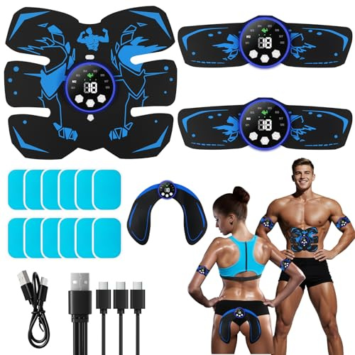 Mexlyca EMS Trainingsgerät, 8 Modi & 29 Intensitäten, Bauchmuskeltrainer EMS Trainingsgerat, Bauchtrainer, 12 Stück Ersatz-Hydrogels, USB Wiederaufladbar EMS Bauchtrainer Ganzkörper ABS/Bauch/Arm/Bein