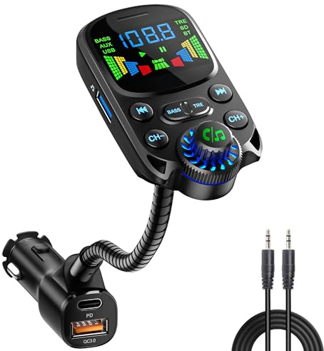 SOARUN Bluetooth 5.3 FM Transmitter für Auto - 30W Dual USB Ladegerät mit QC3.0 & PD3.0, Kfz Radio mit Freisprechanlage und Höhen- und Bassanpassung, unterstützt U Disk/TF Karte/AUX