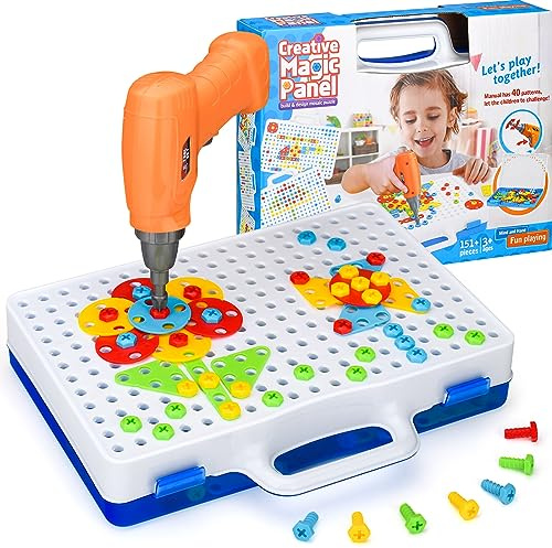 SHAWE Spielzeug ab 3 Jahre Mosaik Steckspiel Werkzeugbox mit Elektrische Spielzeug Bohrmaschine Montessori Kinderspielzeug für Kinder ab 3 4 5 6 7 Jahre Jungen Mädchen Lernspielzeug(151 teilig)