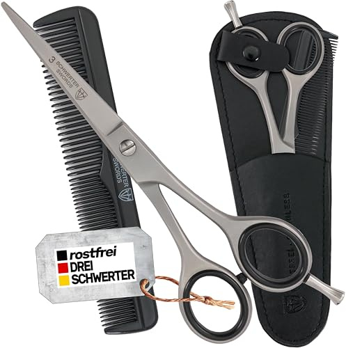 DREI SCHWERTER - Rostfreie professionelle Haarschere Friseurschere im Etui, NEU mit Kamm und Tuch