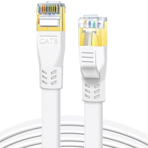 DDMALL Lan Kabel CAT8 5m, Hochgeschwindigkeit Ethernet Kabel 40Gbps 2000MHz Flaches Netzwerkkabel, Gigabit Patchkabel mit Vergoldetem RJ45-Stecker für Router, Modem, Gaming (5 Meter/Weiß)