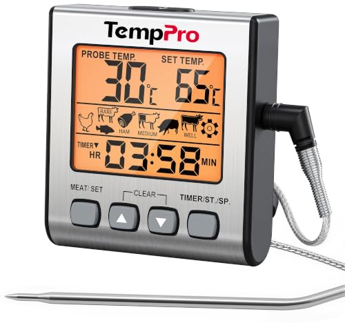 TempPro Fleischthermometer Digital mit beleuchtetem LCD, Timer, Fühler | Bratenthermometer Ofenthermometer Gartemperatur-Presets, Grillthermometer Alarm, Magnet, für BBQ Ofen Grill (Ex-ThermoPro