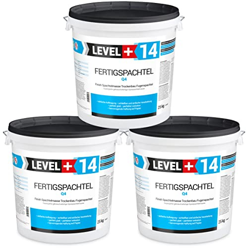 Level +14 Spachtelmasse Weiß Innen, Gebrauchsfertige Polymer-Fertigspachtel | für Wand & Decke, Q4 Finish zum Glätten, Füllen & Reparieren, Leicht Schleifbar, Für Gipskarton, Beton & Putz - 75 kg