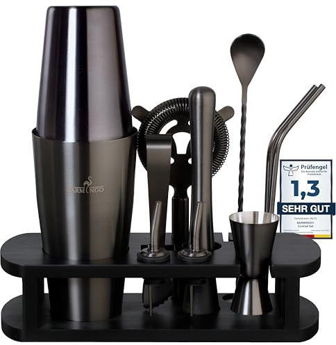 BARMINGO Edelstahl Cocktail Set 11tlg – 825ml Boston Cocktail Shaker Set mit Ständer und Bar Zubehör, Cocktailshaker Set | Barkeeper Set | Cocktail Mix Set | Barset | Boston Shaker Set | Schwarz