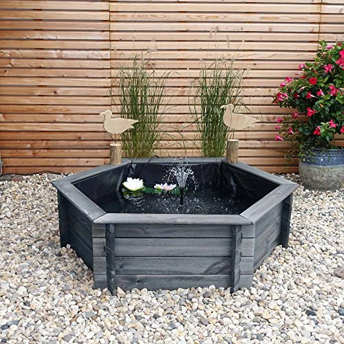 Beauty.Scouts 6-Eck-Hochteich Erlis I Kiefer grau 100cm Teichfolie+Pumpe (Kabel) Gartenteich Teich Komplettset pflegeleicht Fertigteich Bausatz Teichset Garten