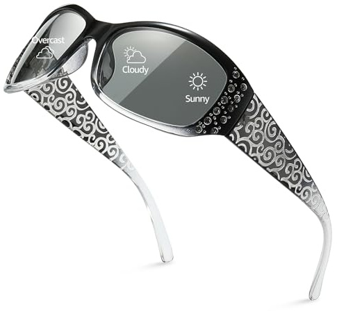 TJUTR Selbsttönende Polarisierte Sonnenbrille für Damen mit UV400 Schutz, Wrap-Around Design mit Strass und graviertem Bügel