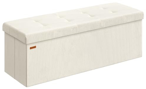 SONGMICS Sitzbank mit Stauraum, klappbare Fußbank, 38 x 110 x 38 cm, Bettbank, Aufbewahrungsbox, bis 300 kg belastbar, Wohnzimmer, Schlafzimmer, Eingangsbereich, cremeweiß LSF604W01