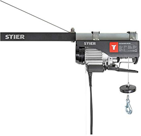 STIER Elektrischer Seilzug, Tragkraft 500 kg, Leistung 1000 W, Hebehöhe bis 12 m, inkl. Befestigungsbügel, einfache Montage, Sicherheit durch Not-Aus-Schalter
