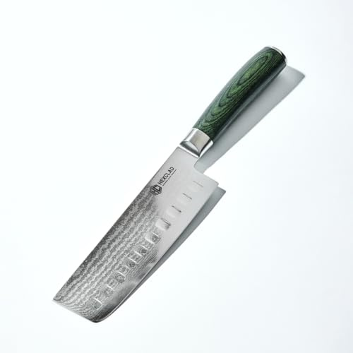 HexClad Nakiri Messer, 16,5 cm Klinge aus rostfreiem japanischem Damast, Full Tang Konstruktion, Griff aus Pakkaholz