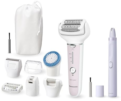 Panasonic ES-EYL9-P503 Kabelloser Nass-/Trocken-Epilierer & Augenbrauen-/Gesichtshaar-Epilierer-Set für Damen, Kurzhaarentfernung, 3 Geschwindigkeiten, Fußpflege- & Bikini-Aufsätze, Weiß/Hellviolett
