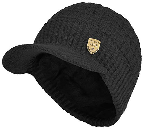 Yixda Herren Wintermütze mit Schirm Warm Gestrickte Beanie Cap mit Fleecefutter (Schwarz)
