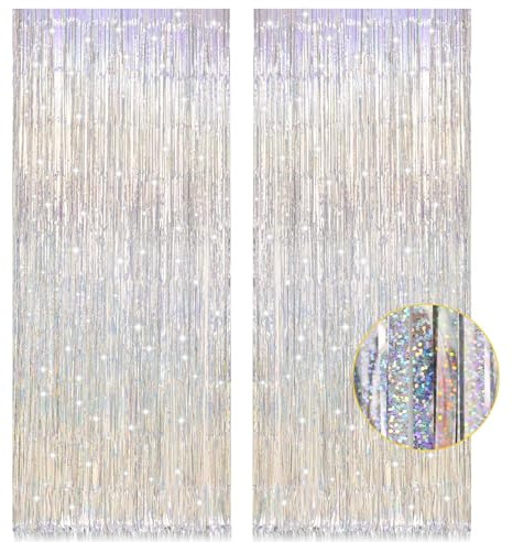 PIGETALE Lametta Vorhang Silber, 2 Stück 1x2.5m Metallische Glitzervorhang Fringe, Glitzer Party Vorhang, Folien Fransen Hintergrund fur Geburtstag Hochzeit Festivals Disco Silberhochzeit Dekoration