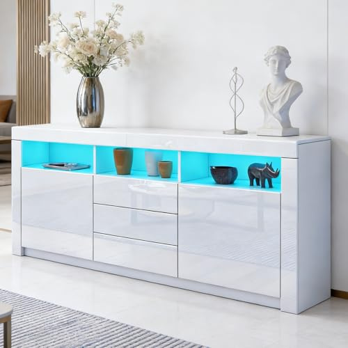 Sideboard Hochglanz Matt Anrichte Schrank mit 2 Türen 3 Schubladen Weiß