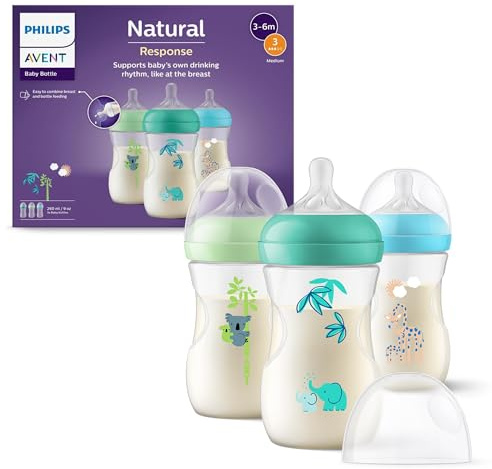 Philips Avent Natural Response Babyfläschchen mit 260 ml und Saugern mit mittlerem Nahrungsfluss (Durchflussrate 3), 3er-Pack, mit Tropenmuster, SCY903/73