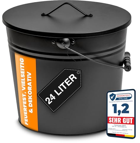 ORA-TEC XL Ascheeimer mit Deckel - Kohleeimer 24 Liter aus Stahlblech im Schwarz - Kamineimer mit Deckel - Ascher Allzweckeimer für den Innen- und Außenbereich