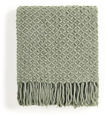 CREVENT Farmhouse Boho Strickdecke für Couch, Sofa, Sessel, Bett, Wohnraumdekoration, weich, warm, gemütlich, leicht, für Frühling, Sommer, Herbst (127 cm x 152 cm, Salbeigrün)