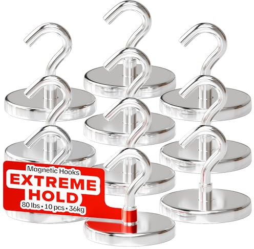 Magnethaken 36 kg/80 lbs (Set 10 Silber) – Magnethaken für Zuhause & Küche – extra starke Neodym-Haken für den Einsatz im Freien & im Garten – starke Seltenerdmagnete für Kreuzfahrtkabinen