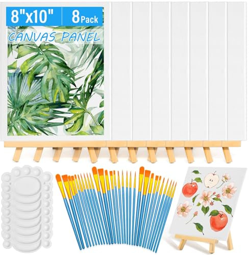 54er-Pack Leinwand mit Staffelei-Set 20,3 x 25,4 cm Leinwand-Bretter mit Holz-Staffeleien, Malpinsel Leinwand-Panel Malset für Acryl Öl Aquarell Anfänger Kunsthandwerk Mal-und-Entspannen-Party