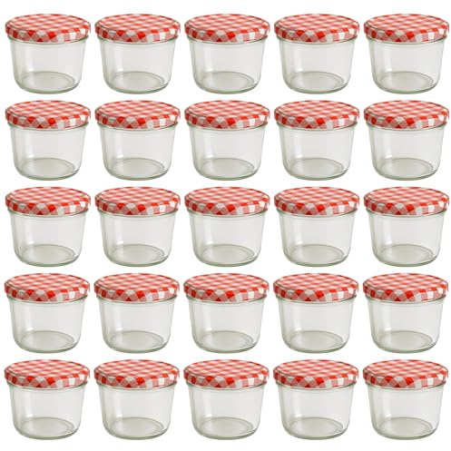 hocz 25x Marmeladengläser 230 ml | mit Deckel Rot Kariert TO 82 | mit Etiketten | Einmachgläser mit Schraubdeckel zum befüllen | Sturzgläser für Marmelade Schraubgläser | leere Gläser Set | 25 Stück