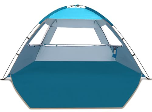 COMMOUDS Strandmuscheln für 3-4 Personen, Tragbarer Strandzelt mit UV-Schutz 50+, Familie Sonnenzelt Strand mit 3 Mesh Fenster, Schnelle Montage, Einfaches Tragen Schirm für Outdoor