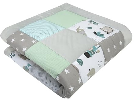Medi Partners Krabbeldecke für Baby Spielmatte 100% Baumwolle Krabbelmatte - 120x120cm Krabbeldeck Dick Weich Decke Laufgittereinlage Babydecke Minky Waffel Spielbogen (Mint Zoo)