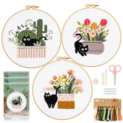 WIVLAX Handstickset für Erwachsene & Anfänger – Stickrahmen Set mit floralem Katzenmuster, inkl. Garn + Nadeln – DIY Näh-Geschenkset für Hobby & Entspannung
