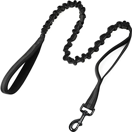 rabbitgoo Starke Bungee Hundeleine mit 2 Gepolsterten Griff und Metallhaken, Taktische Sicherheit Hundeführleine für Große/Mittlere Hunde,Elastische Ruckdämpfer Führleine, Schwarz 114-158cm