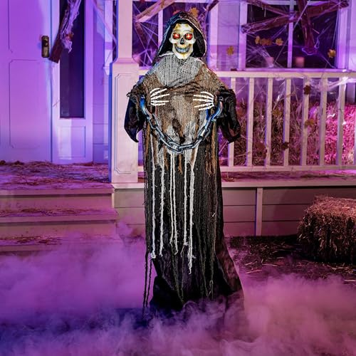 JOYIN 175cm Halloween Animierte Sensenmann Dekoration mit Kette, Lebensgroßes Skelett mit leuchtenden Augen Gruseliger Sound (Sound Aktiviert) für Haunted House Prop Outdoor/Indoor Lawn