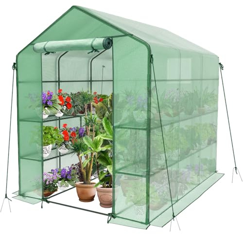 VOUNOT® Gewächshaus Foliengewächshaus, begehbares Gartenhäuschen mit 12 Regalebenen, Tomatenhaus Tomatengewächshaus, Grün 143x215x195cm