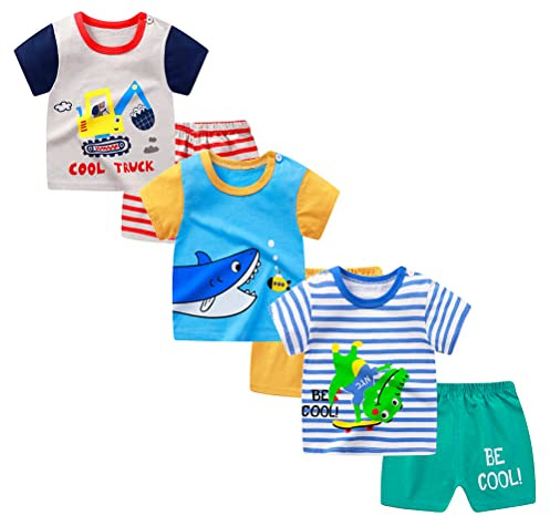 XM-Amigo Jungen 3er Set Kurzarm T-Shirt & Shorts 6 Teilig Atmungsaktiv Ohne Schulterknöpfen Cartoons Muster Größe 75/120