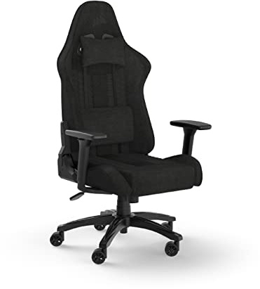 Corsair TC100 Relaxed-Gaming-Stuhl – Stoff – Vom Rennsport inspiriertes Design – Lendenkissen – Abnehmbares Nackenkissen aus Memory-Schaumstoff – Verstellbare Armlehnen – Schwarz