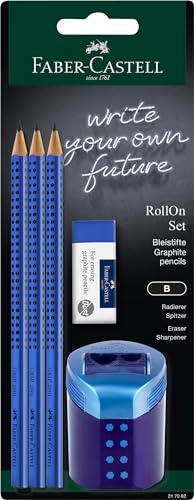 FABER-CASTELL 217083 - Bleistifte Set Grip 2001, mit Radierer, RollOn Spitzdose und 3 Bleistifte, Schreibset blau