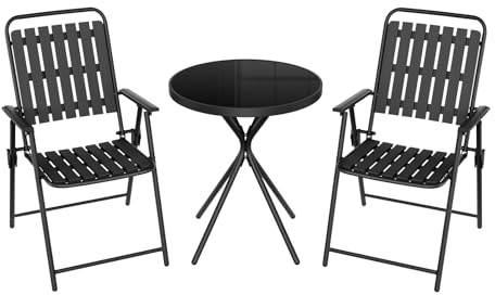 WOLTU Balkonmöbel 3 teilig Balkonstuhl Klappbar mit Balkontisch Runder | Bistrotisch mit 2 Stühlen, Bis 160 kg belastbar, Wetterfest & stabil, Für Balkon Terrasse Garten,Schwarz