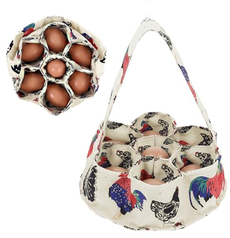 Ymapinc Eierwärmer, Eierkorb zum Warmhalten, Eiersammelkorb Bauernhof Hühnerkorb zum Sammeln Frischer Eier mit 7 Beuteln Sammeln von Enteneiern Gänseeiern Geschenk für Hausfrauen–Beiges Segeltuch