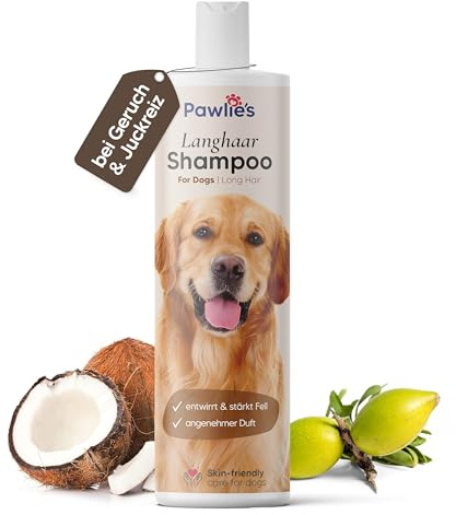Pawlie's Hundeshampoo Langhaar zur Fellpflege für bessere Kämmbarkeit | Hundeshampoo gegen Geruch mit Bio-Arganöl und Biotin | Dog Shampoo | Hunde Shampoo Fellpflege Langhaar | Conditioner Hund