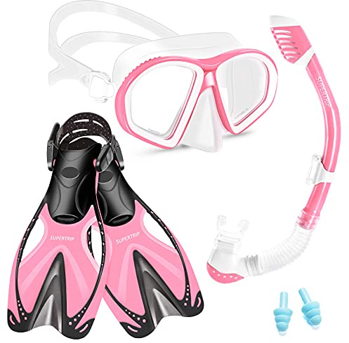 Supertrip Kinder Schnorchelset 3-teilig für Kinder Junior | Schnorcheln Set mit Flossen, Taucherbrille mit Tempered Glas, Verstellbaren Schwimmflossen, Premium Dry Schnorchel