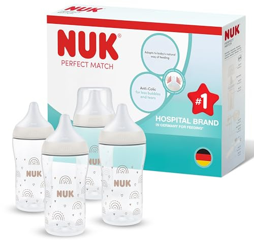 NUK Perfect Match Babyflaschen | 3+ Monate | 260 ml | Anti-Kolik-Babyflasche | PP | Temperature Control Anzeige | Regenbogen | 4 Stück