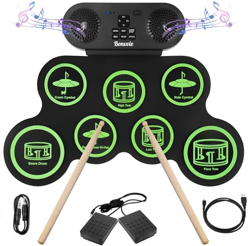 Wiederaufladbare Elektronisches Schlagzeug E-Drum Kit, Bonvvie Roll Up Digitales Schlagzeug mit 7 Pads, MIDI, DTC, Eingebaute Dual-Lautsprecher, Ideal für Anfänger, Studenten & Musikbegeisterte