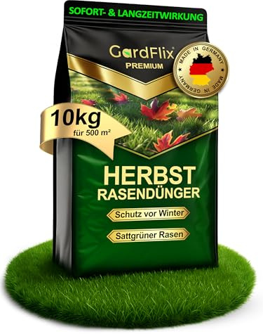 Gardflix Herbstdünger Rasen Langzeitwirkung (10kg Sack für 500m²) | Rasendünger Herbst verdrängt Moos | Frostschutz & Winterfester Rasen | Staubarmer Granulat für Streuwagen | Sicher für Kind & Tier