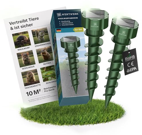 WERTWERK® Maulwurf Vertreiber – 2er Set Maulwurfschreck & Wühlmausschreck | Ultraschall Maulwurfvertreiber gegen Wühlmäuse vertreiben | Giftfreie Maulwurfabwehr ohne Chemie