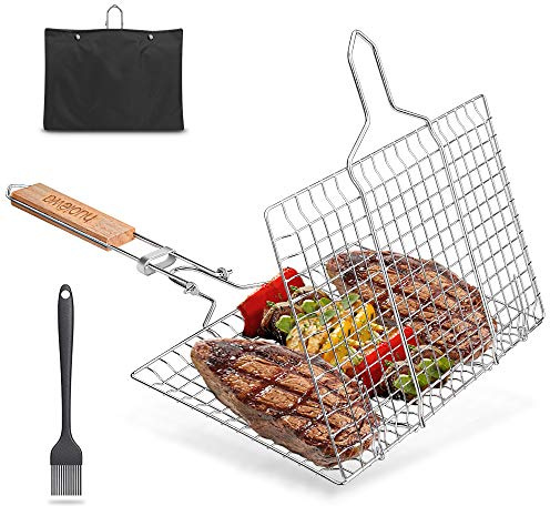 FINEW Faltbarer BBQ Grillkorb, Tragbares Grillwerkzeug Grillroste | Grillkorb Grill aus Edelstahl, mit Saucenpinsel und Tragetasche für Fisch Gemüse Steak Garnelen Koteletts