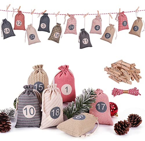 Adventskalender zum Selber Befüllen, Weihnachtskalender Selbstbefüllen Aufhängen, 24 Stoffsäckchen Selbst Befüllen Bastelset, Weihnachten Geschenksäckchen für Kinder Mädchen (Bunte Muster)