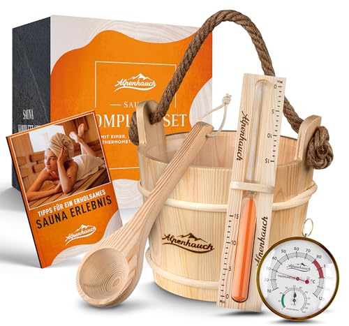 ALPENHAUCH Sauna Eimer mit Kelle [100% Naturholz] - Edler Saunakübel mit Sanduhr & Thermometer - Langlebiges Sauna Zubehör - Aufgusseimer Set (Saunaeimer mit Kelle, Sanduhr und Thermometer)