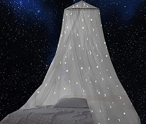 Comtelek Moskitonetz Doppelbett, Fluoreszierende Sterne & Mond, Leuchtet im Dunkeln, Großhängender Himmelbett Vorhang, Anti-Insektenschutz für Kinder- & Schlafzimmerdeko
