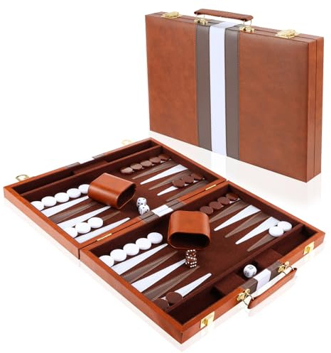 Vehipa 18 Zoll Backgammon Koffer mit komplettem Zubehör, Backgammon-Set für 2 Spieler, Tragbares Reisespielset Back-Gammon mit Tragegriff für Erwachsene (Braun)