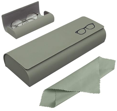 Azwood Brillenetui Hardcase, Premium PU Leder Brillenetui Grün Brillen Etui Damen und Herren Wird mit einem Mikrofasertuch für Sonnenbrille Lesebrille Sportbrille